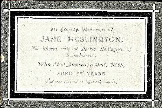 Mournng Card Jane Heslington (nee THOMPSON) 1888